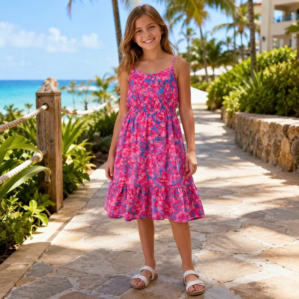 Gap Kids Girls Pink/Blue Floral Smocked Strappy Sundress Knee Length 10-12